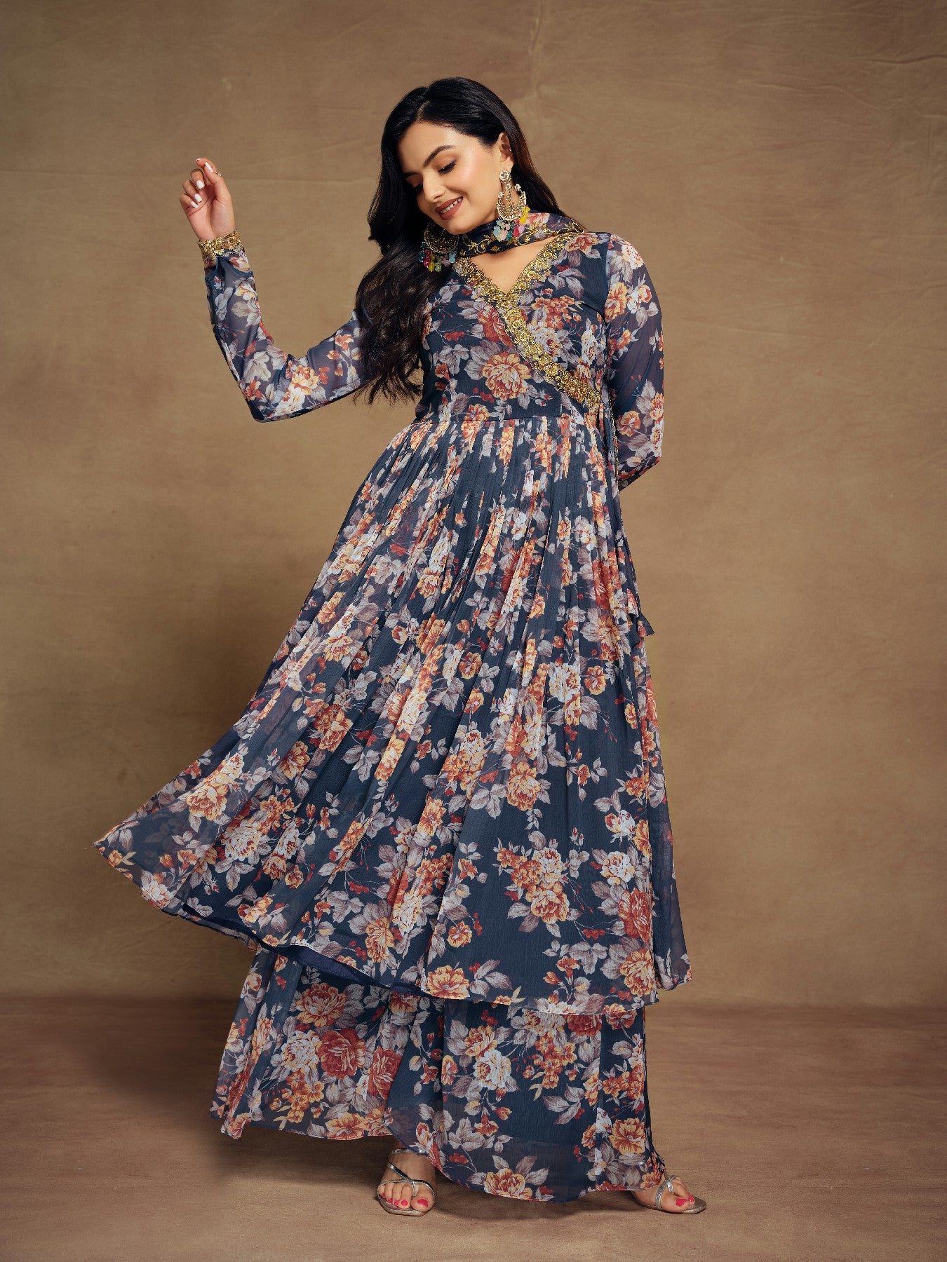 Elegant Navy Blue Zari Embroidered Floral Chiffon Top Palazzo Suit