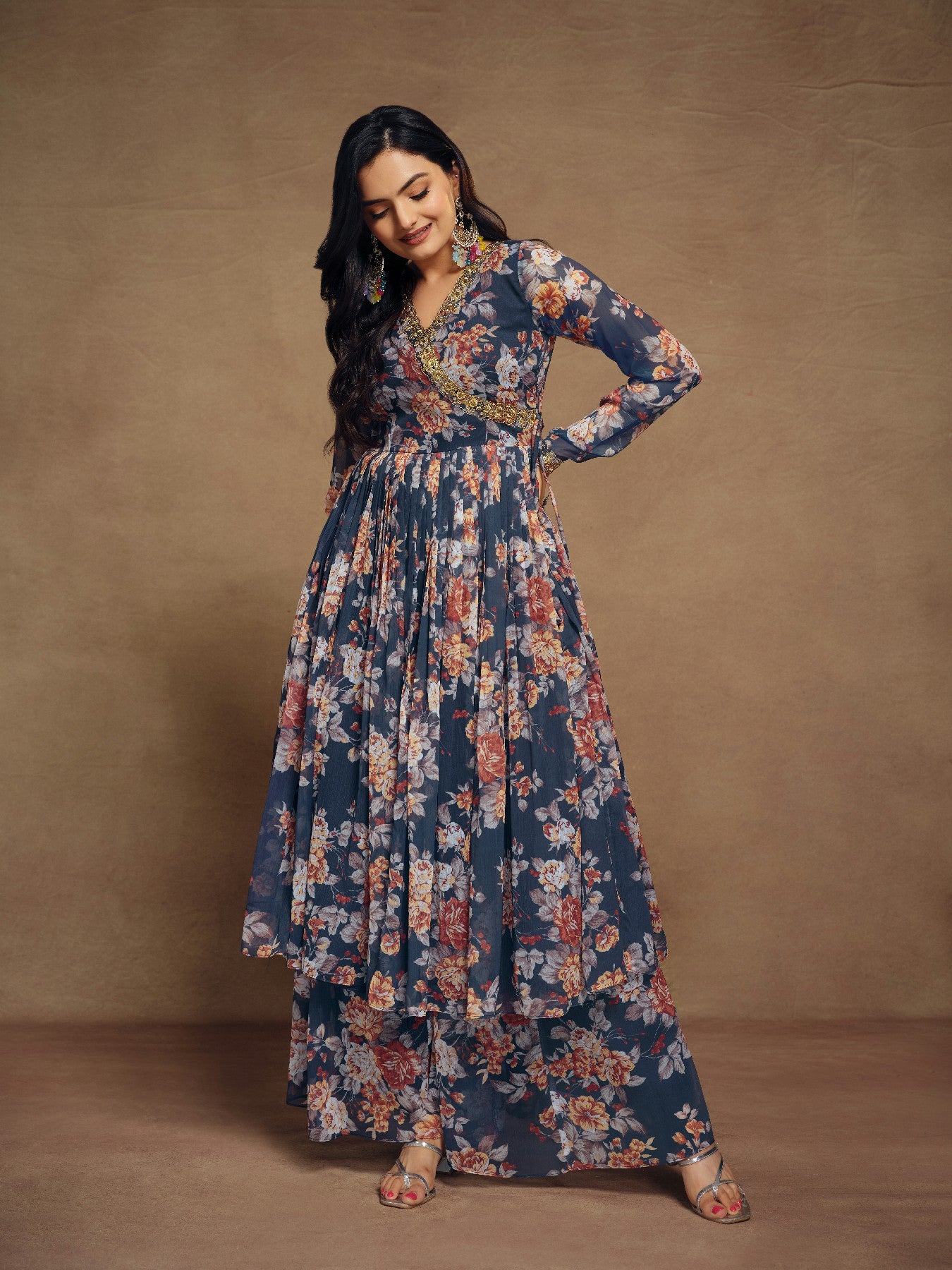 Elegant Navy Blue Zari Embroidered Floral Chiffon Top Palazzo Suit