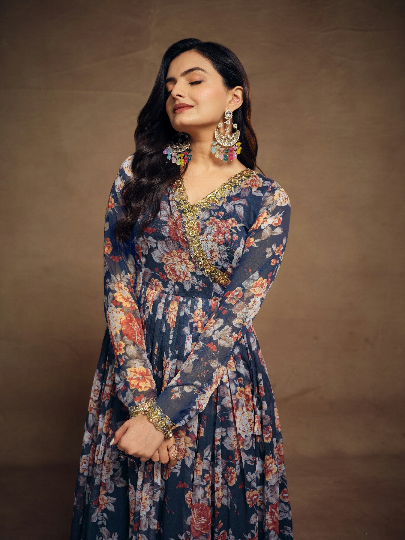 Elegant Navy Blue Zari Embroidered Floral Chiffon Top Palazzo Suit