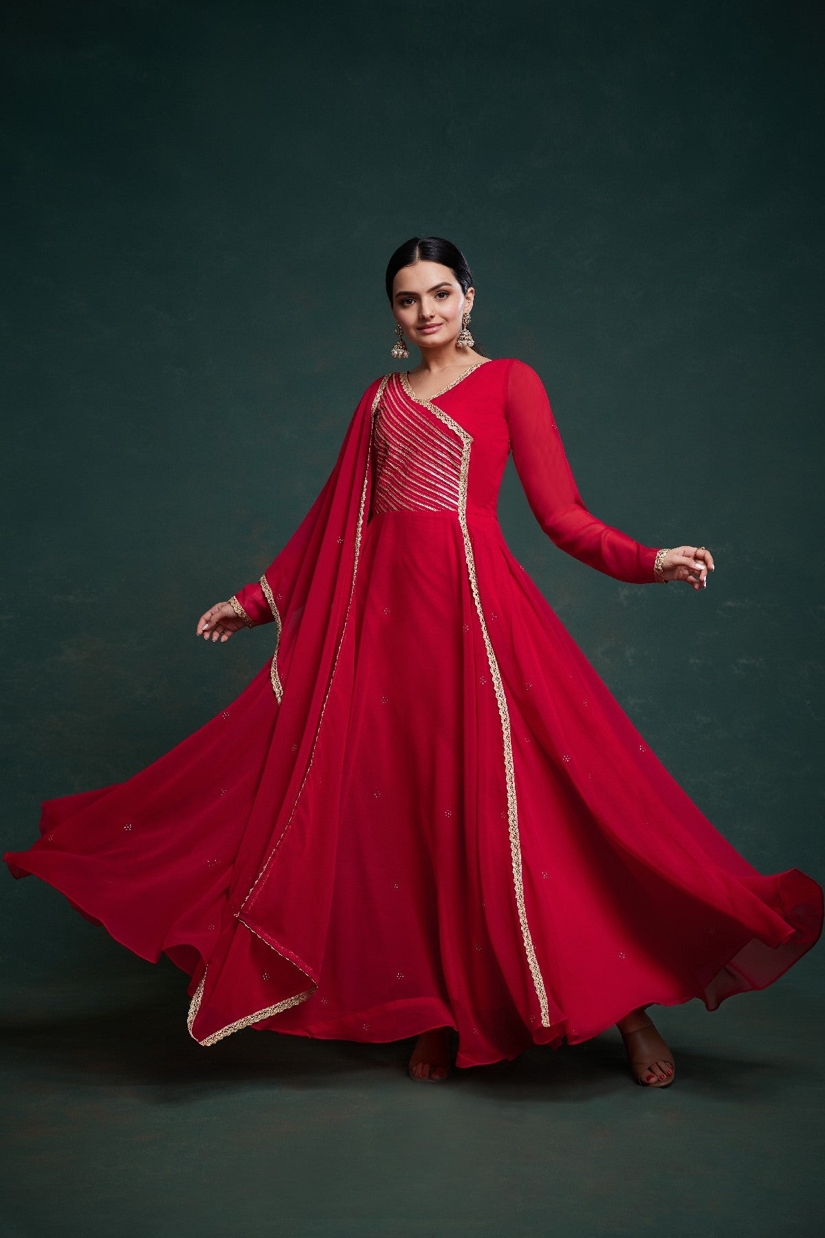 Red Elegant Gota Patti Worked Georgette Gown With Dupatta