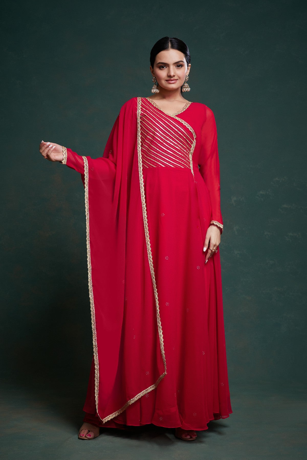 Red Elegant Gota Patti Worked Georgette Gown With Dupatta