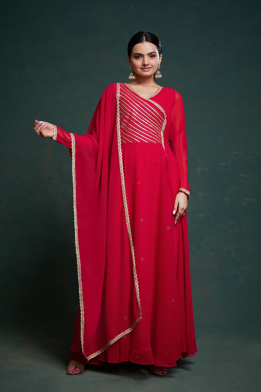 Red Elegant Gota Patti Worked Georgette Gown With Dupatta