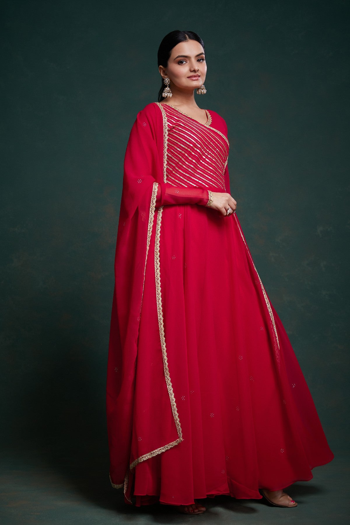 Red Elegant Gota Patti Worked Georgette Gown With Dupatta