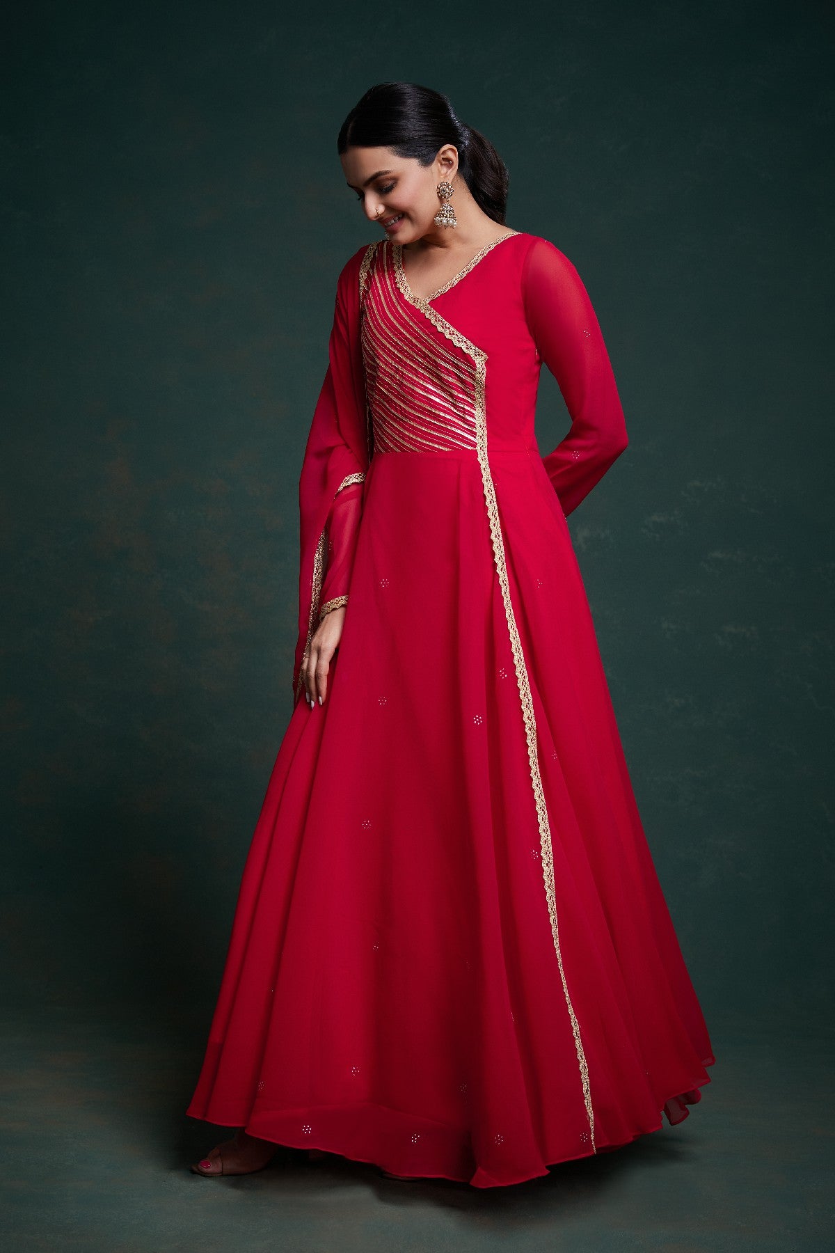 Red Elegant Gota Patti Worked Georgette Gown With Dupatta