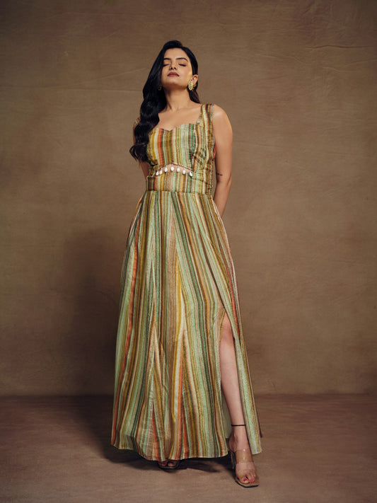 Graceful Abstract Printed Slit Cut Styled Silk Gown