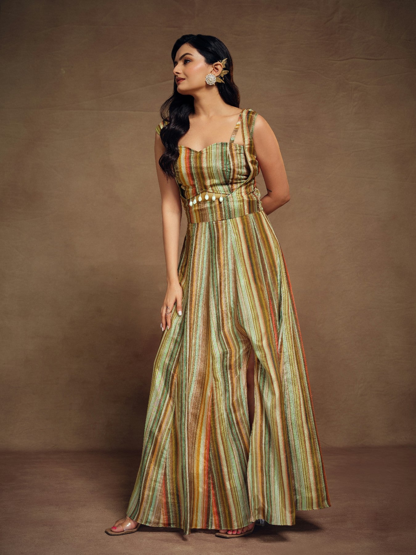 Graceful Abstract Printed Slit Cut Styled Silk Gown
