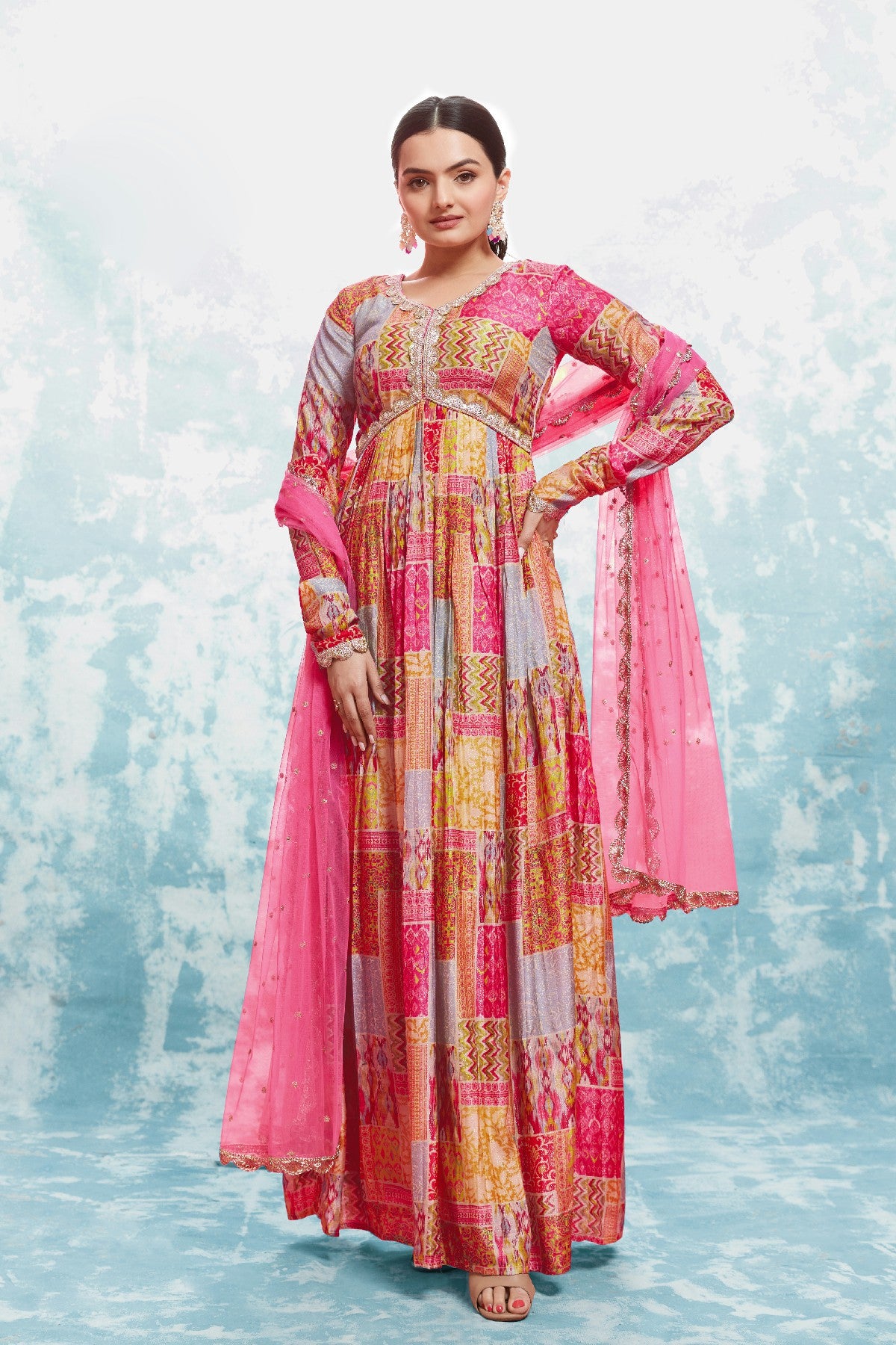 Stylish Digital Printed Cotton Gown With Net Dupatta