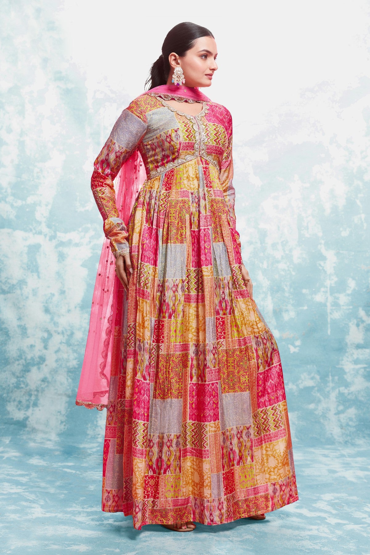 Stylish Digital Printed Cotton Gown With Net Dupatta