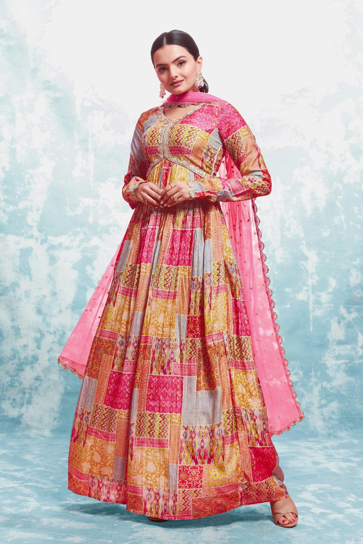 Stylish Digital Printed Cotton Gown With Net Dupatta