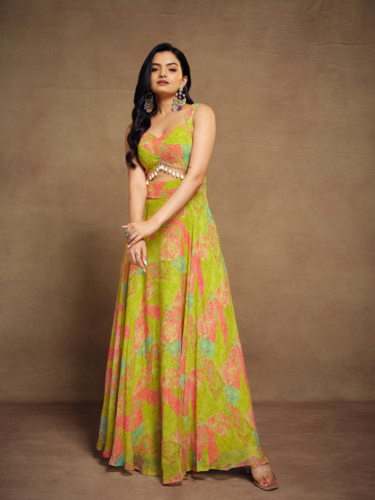 Stylish Parrot Green Floral Digital Printed Fully Stitched Gown