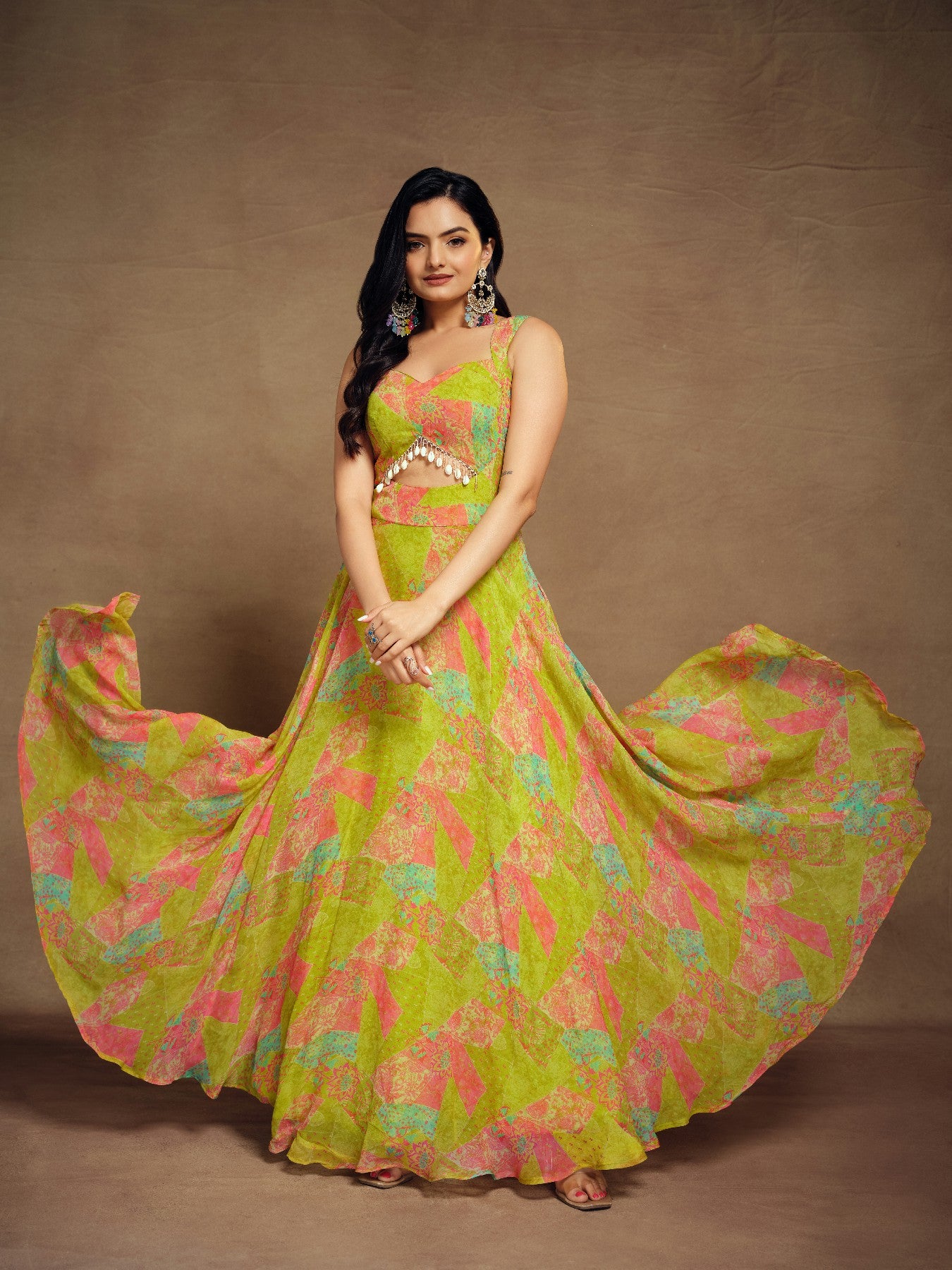 Stylish Parrot Green Floral Digital Printed Fully Stitched Gown