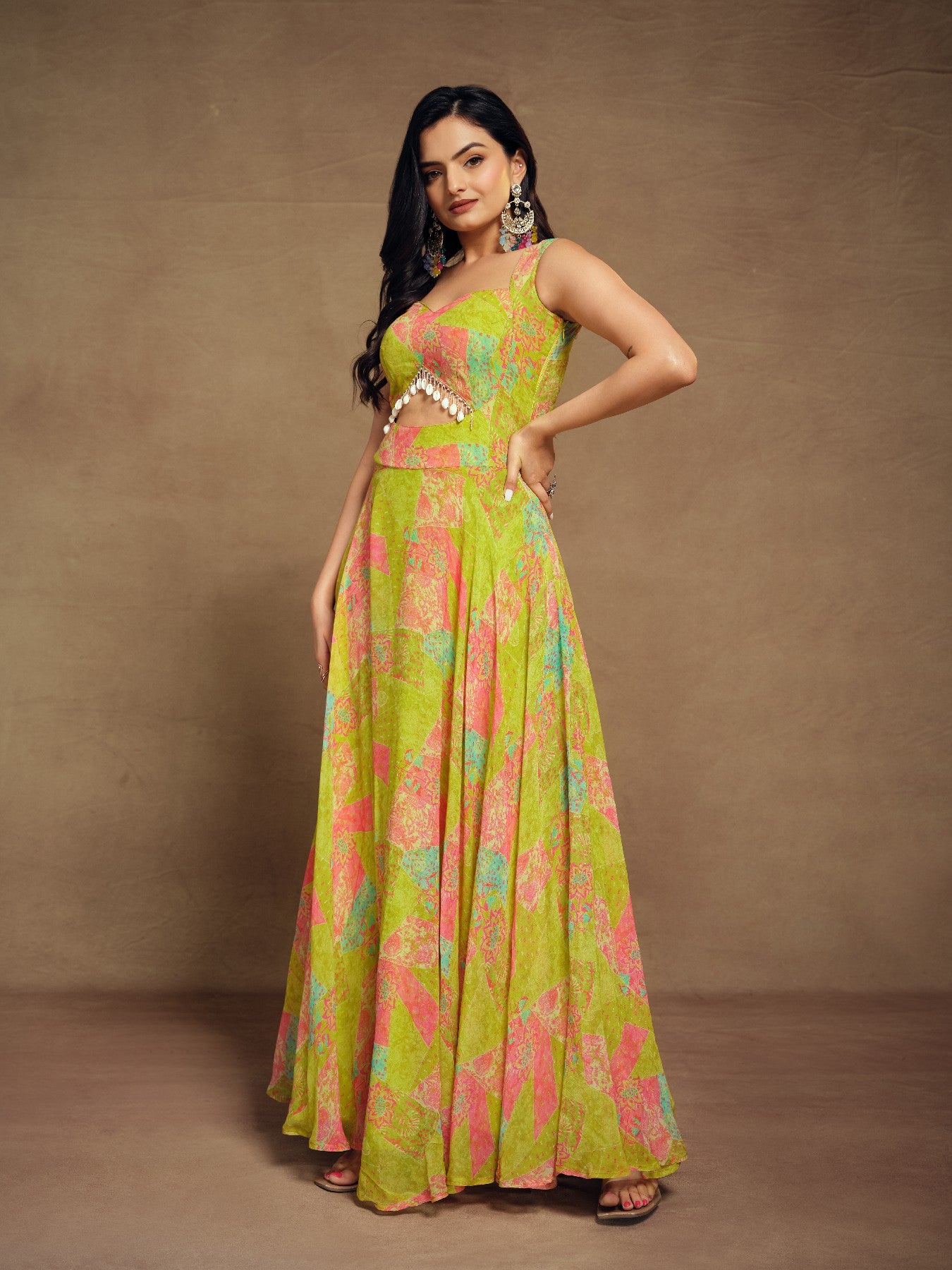 Stylish Parrot Green Floral Digital Printed Fully Stitched Gown