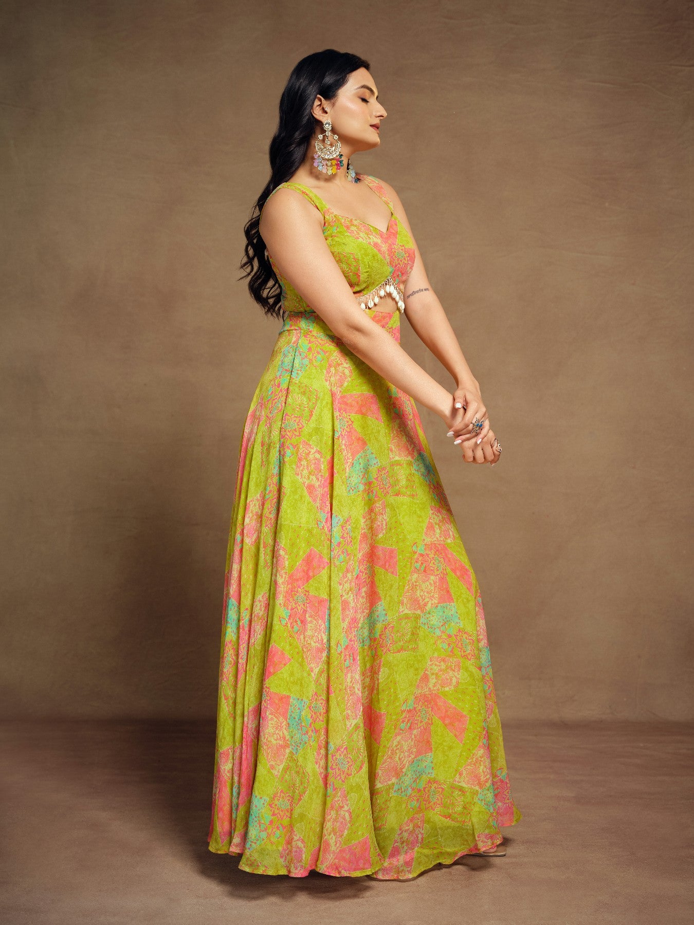 Stylish Parrot Green Floral Digital Printed Fully Stitched Gown