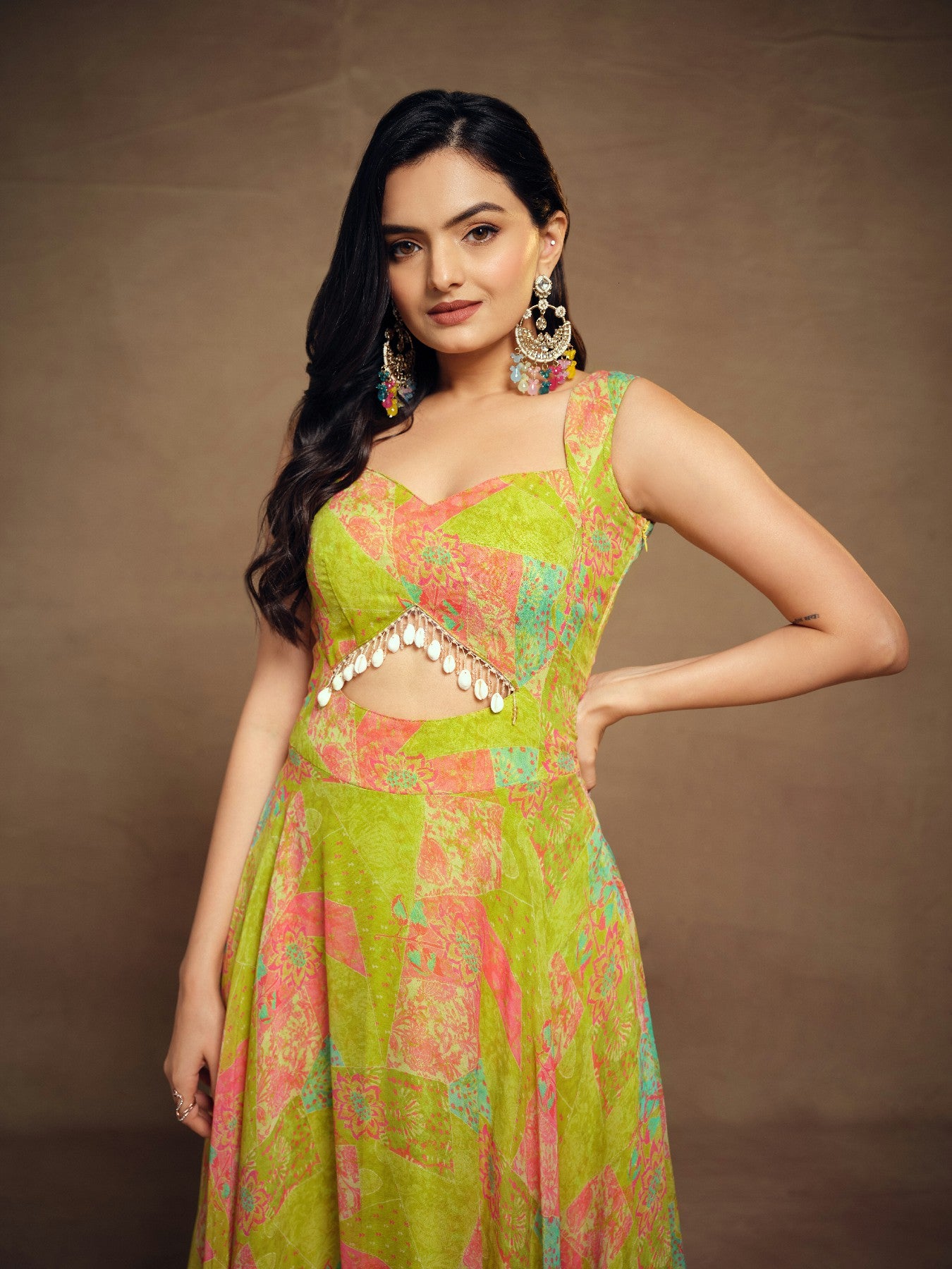 Stylish Parrot Green Floral Digital Printed Fully Stitched Gown