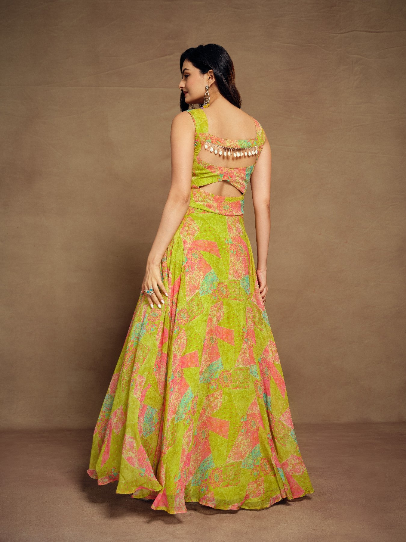 Stylish Parrot Green Floral Digital Printed Fully Stitched Gown