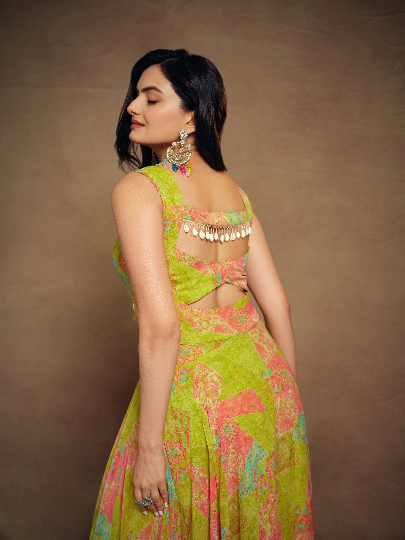 Stylish Parrot Green Floral Digital Printed Fully Stitched Gown