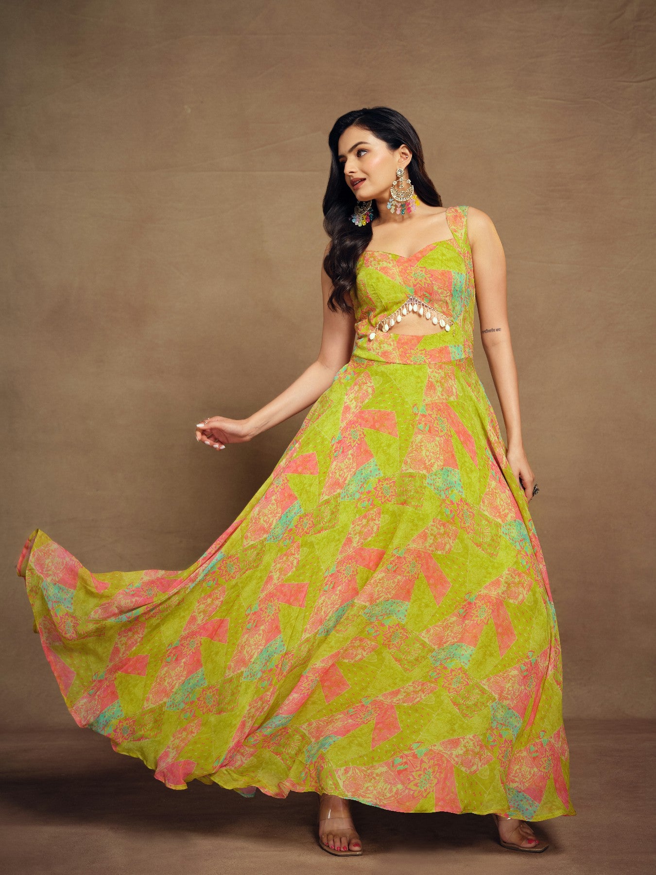 Stylish Parrot Green Floral Digital Printed Fully Stitched Gown
