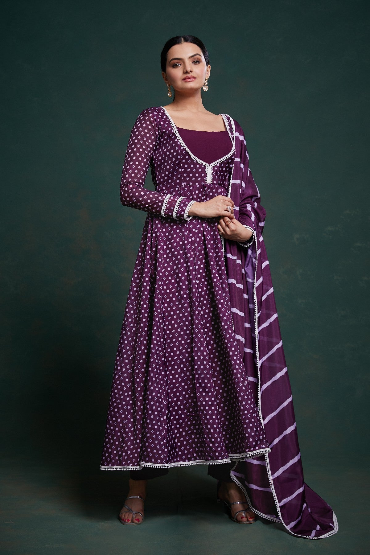Elegant Purple Crepe Digital Printed Anarkali Pant Suit