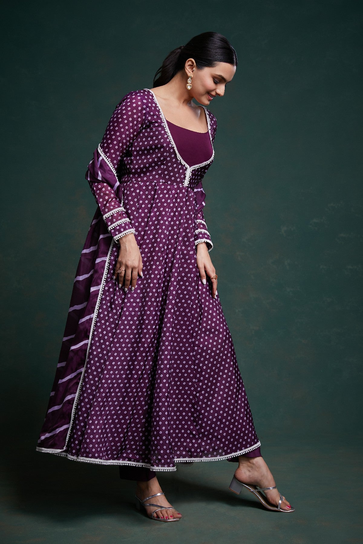 Elegant Purple Crepe Digital Printed Anarkali Pant Suit