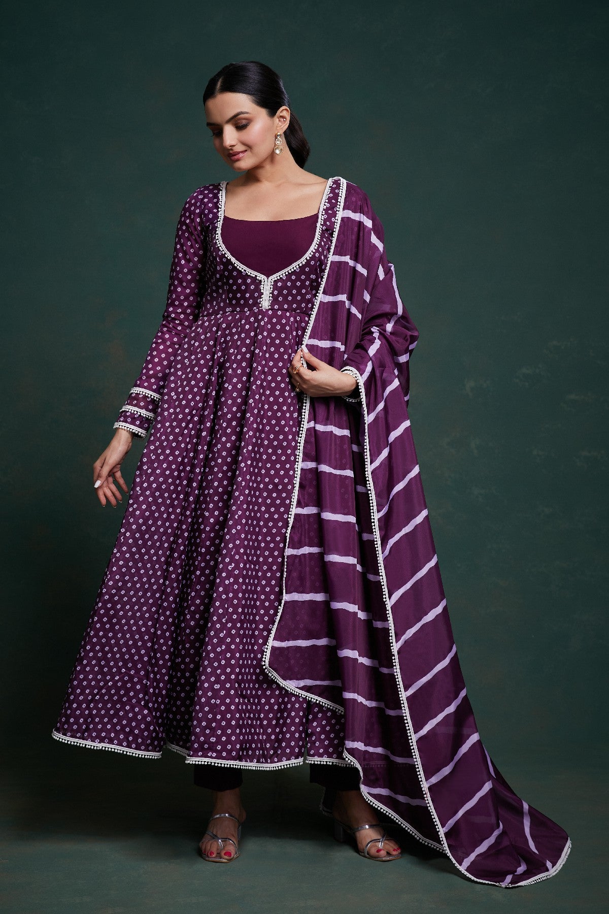 Elegant Purple Crepe Digital Printed Anarkali Pant Suit