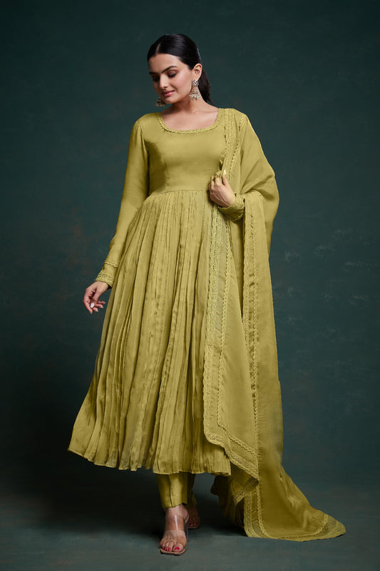 Green Organza Fully Stitched Fully Flared Anarkali Pant Suit