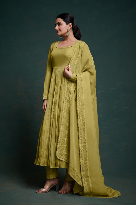 Green Organza Fully Stitched Fully Flared Anarkali Pant Suit