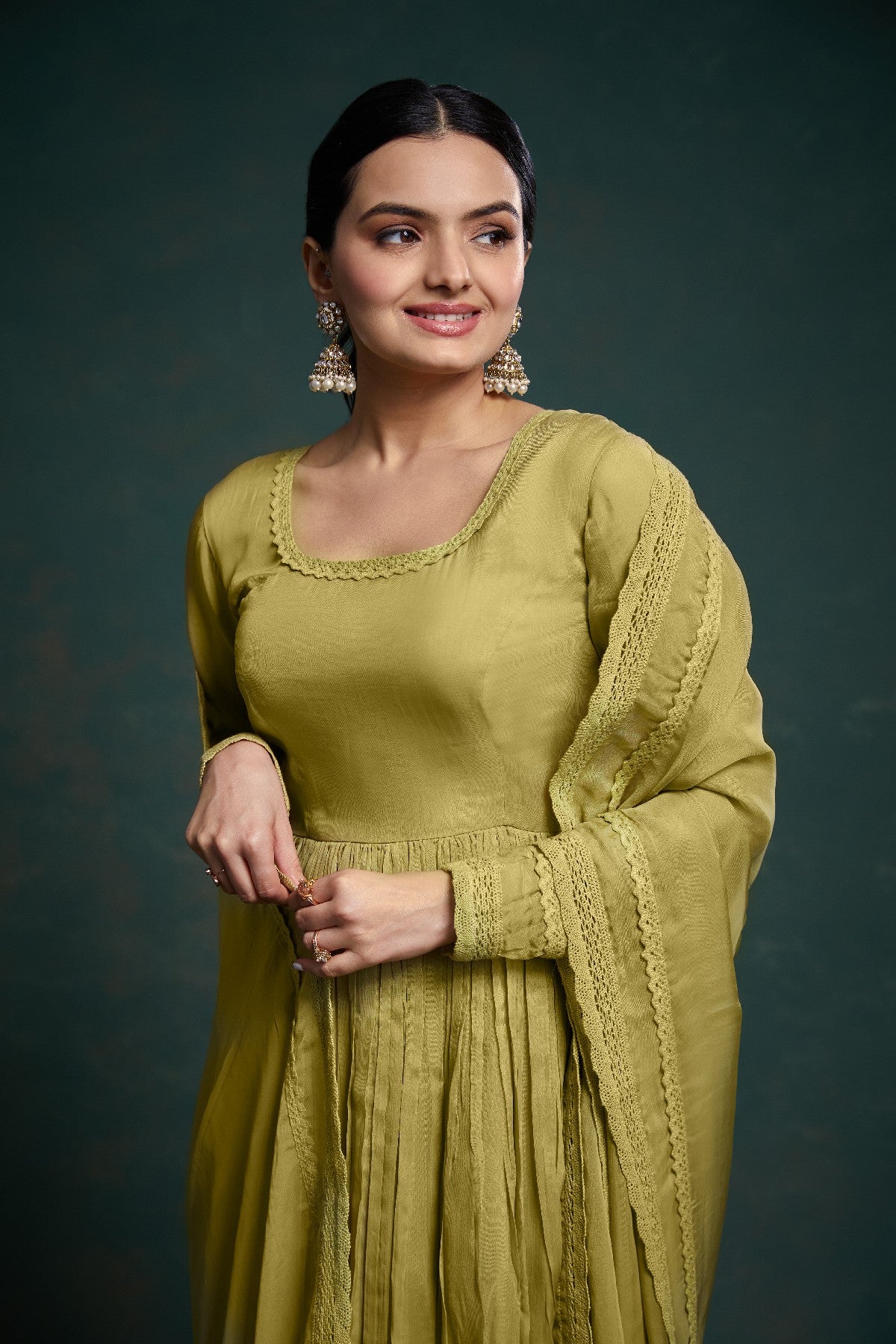 Green Organza Fully Stitched Fully Flared Anarkali Pant Suit