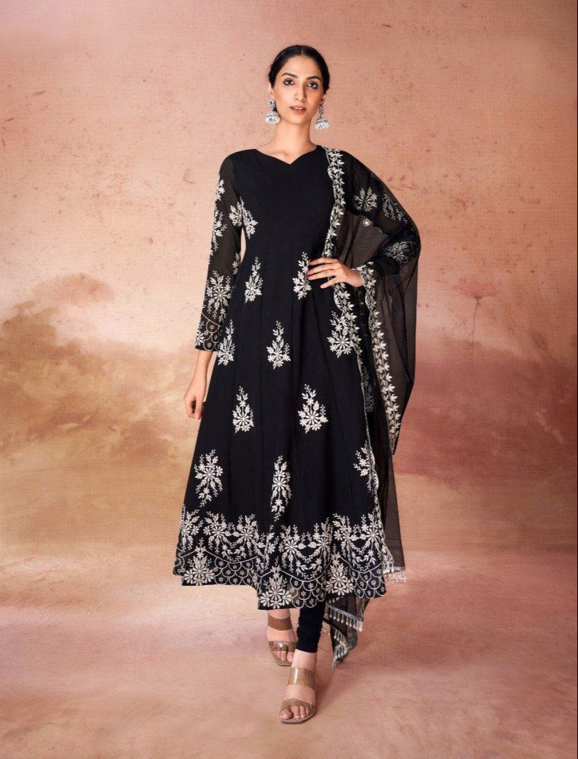 Black Elegant Georgette Embroidered Anarkali Pant Suit