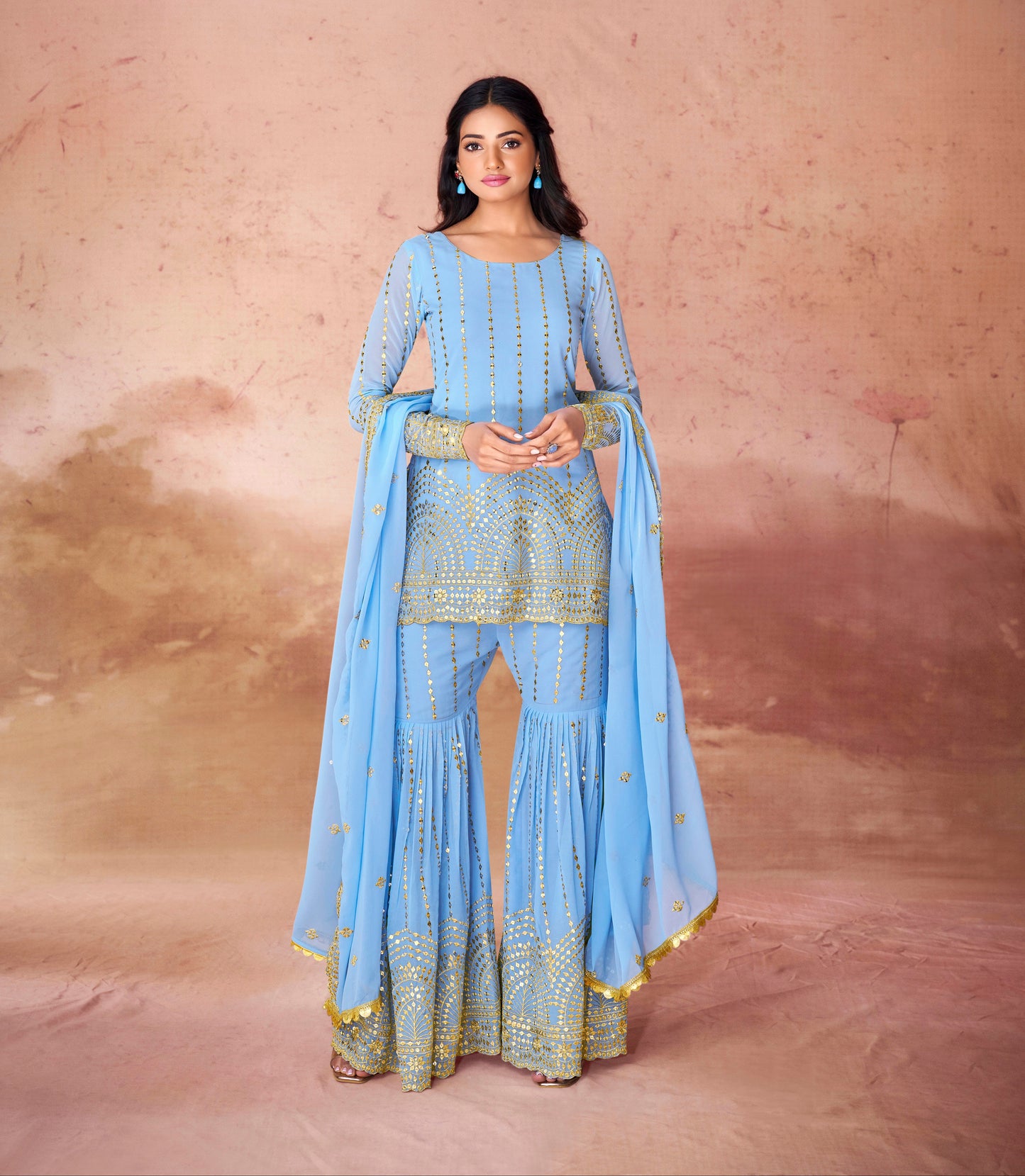 Sky Blue Georgette Sequins Embroidered Top Sharara Suit