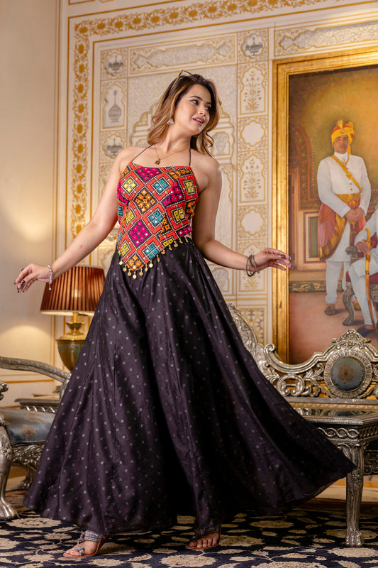 Stylish Black Embroidered Top & Pure Butti Flairy Palazzo Set