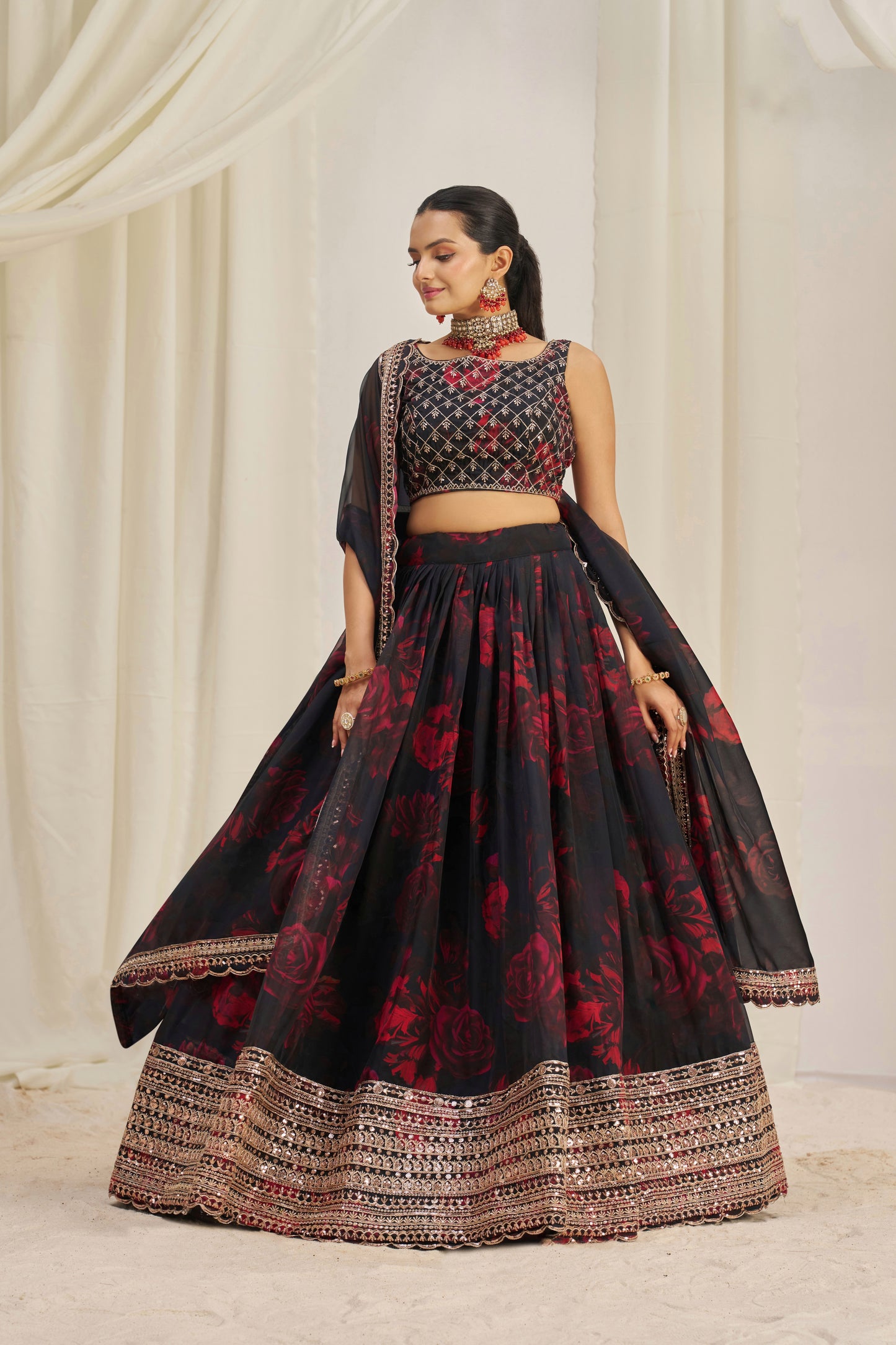 Stunning Floral Printed Sequins Embroidered Organza Lehenga Set