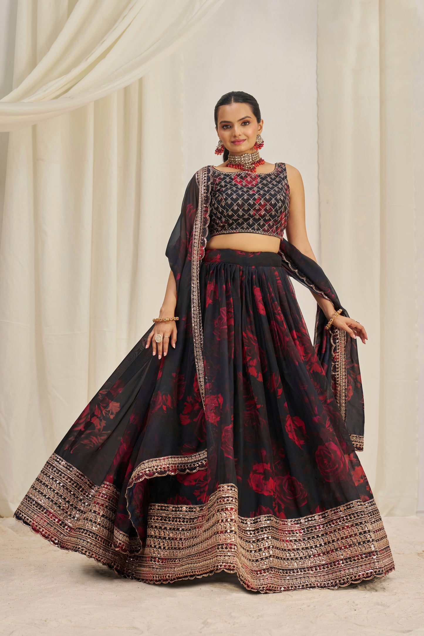 Stunning Floral Printed Sequins Embroidered Organza Lehenga Set