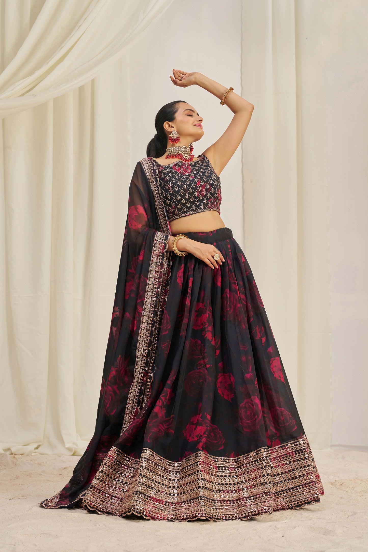 Stunning Floral Printed Sequins Embroidered Organza Lehenga Set
