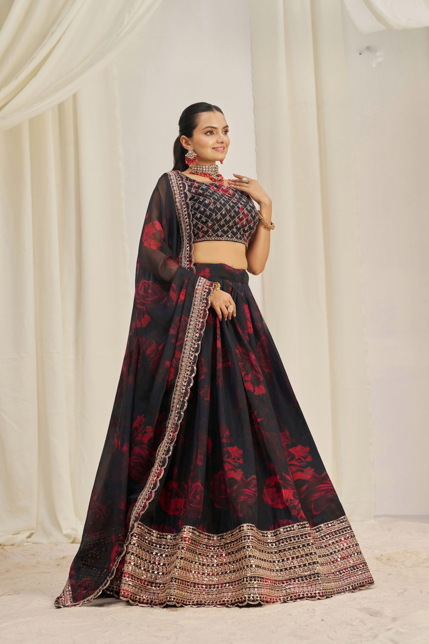 Stunning Floral Printed Sequins Embroidered Organza Lehenga Set