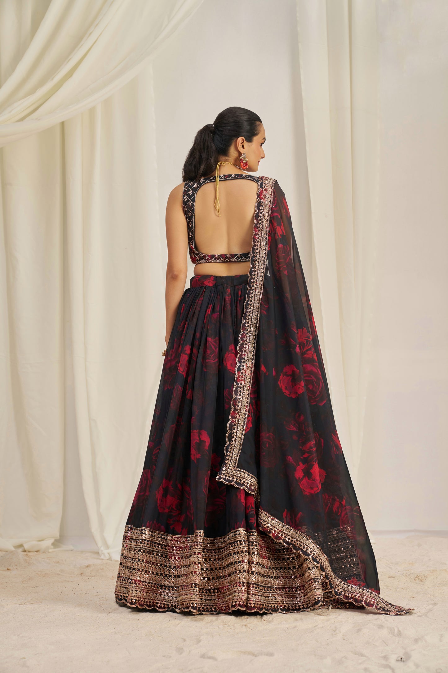Stunning Floral Printed Sequins Embroidered Organza Lehenga Set