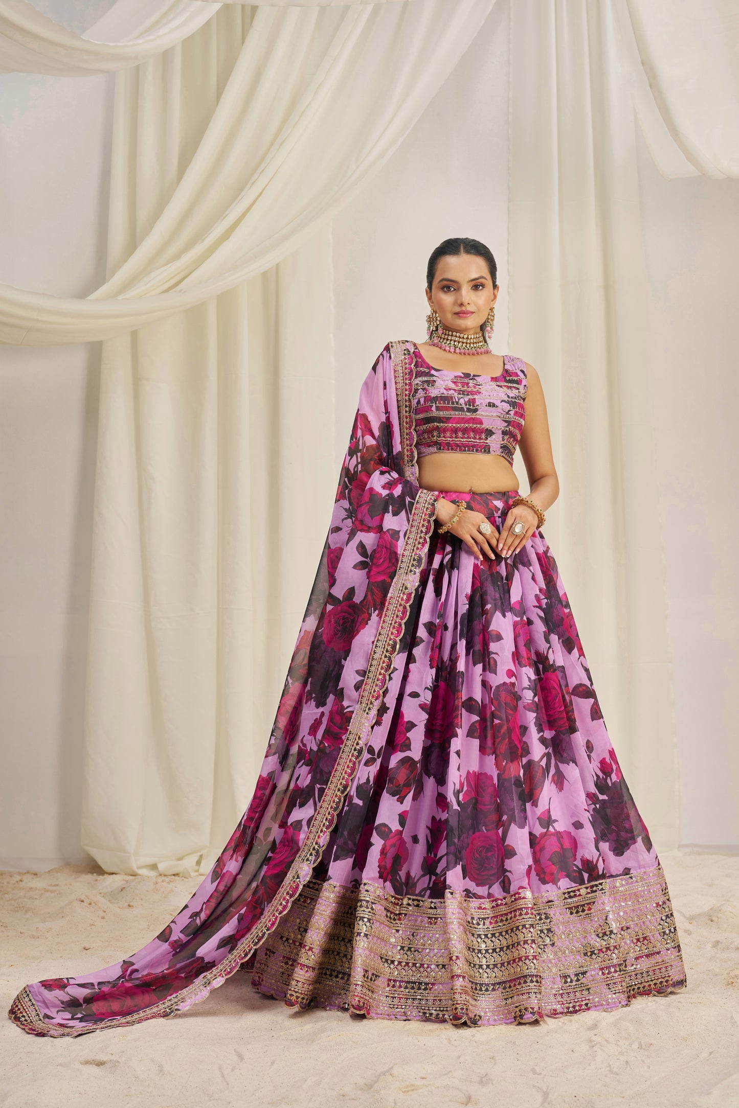 Stunning Floral Printed Sequins Embroidered Organza Lehenga Set