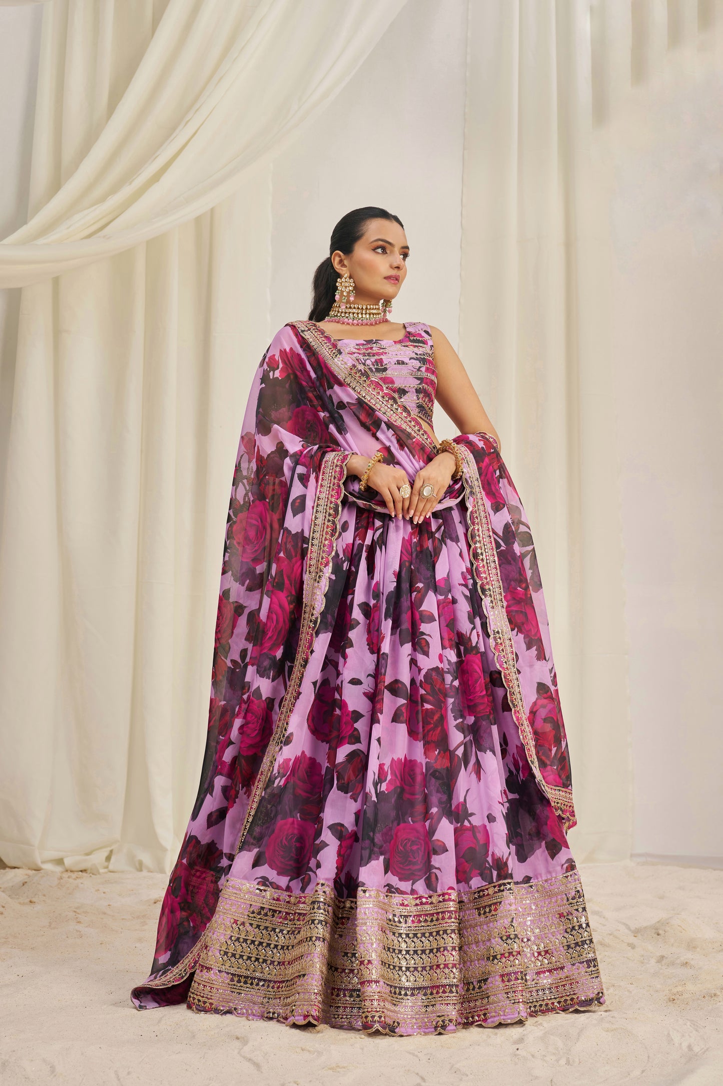 Stunning Floral Printed Sequins Embroidered Organza Lehenga Set