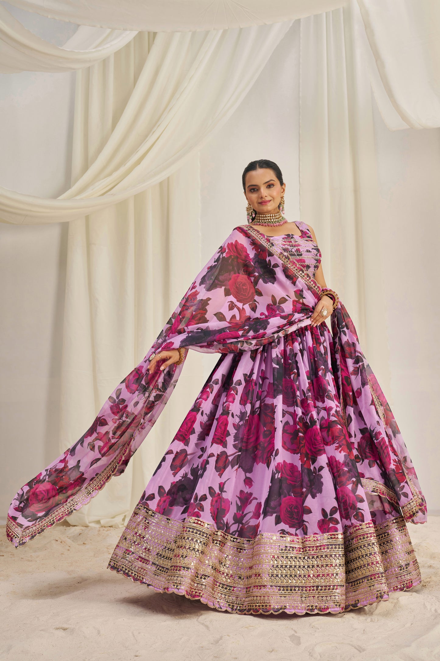 Stunning Floral Printed Sequins Embroidered Organza Lehenga Set