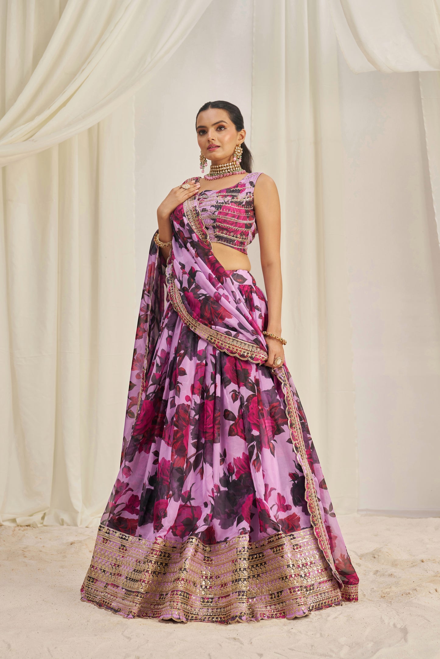 Stunning Floral Printed Sequins Embroidered Organza Lehenga Set