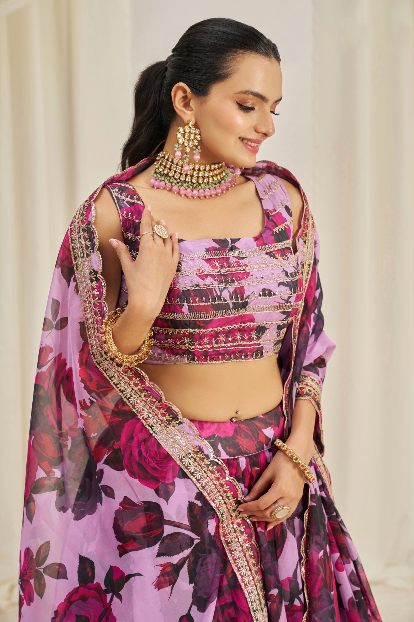 Stunning Floral Printed Sequins Embroidered Organza Lehenga Set