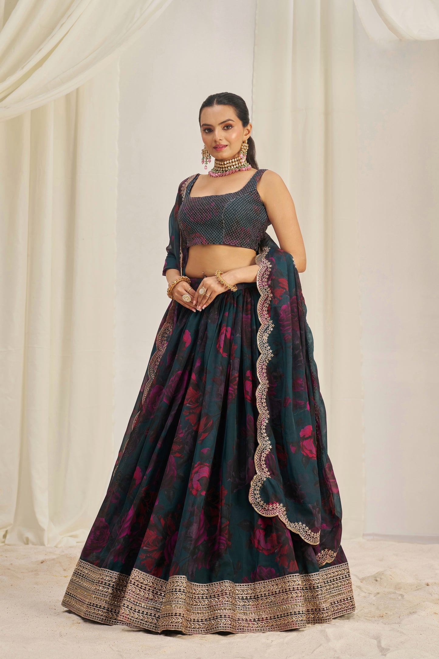 Stunning Floral Printed Sequins Embroidered Organza Lehenga Set