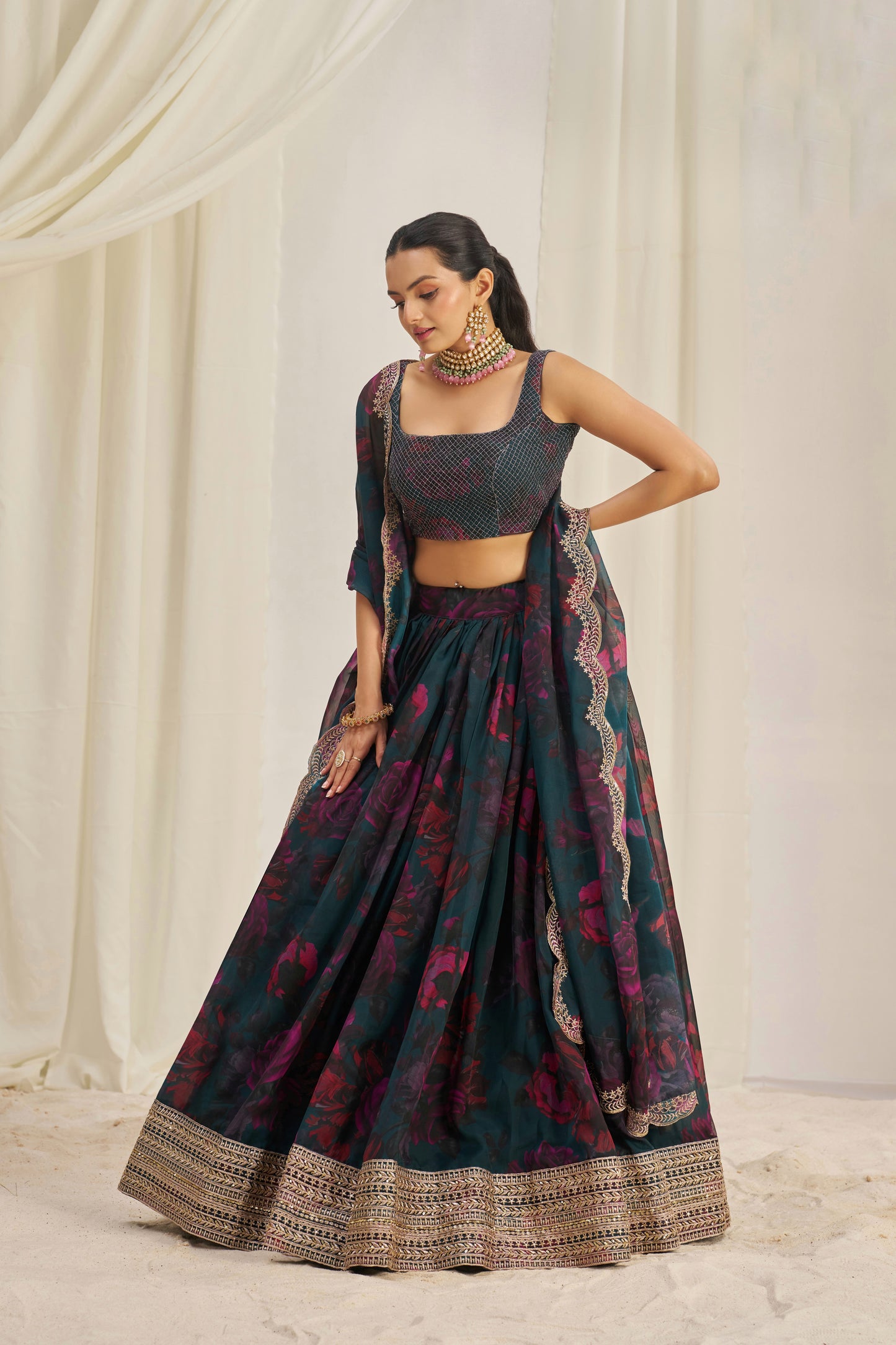 Stunning Floral Printed Sequins Embroidered Organza Lehenga Set