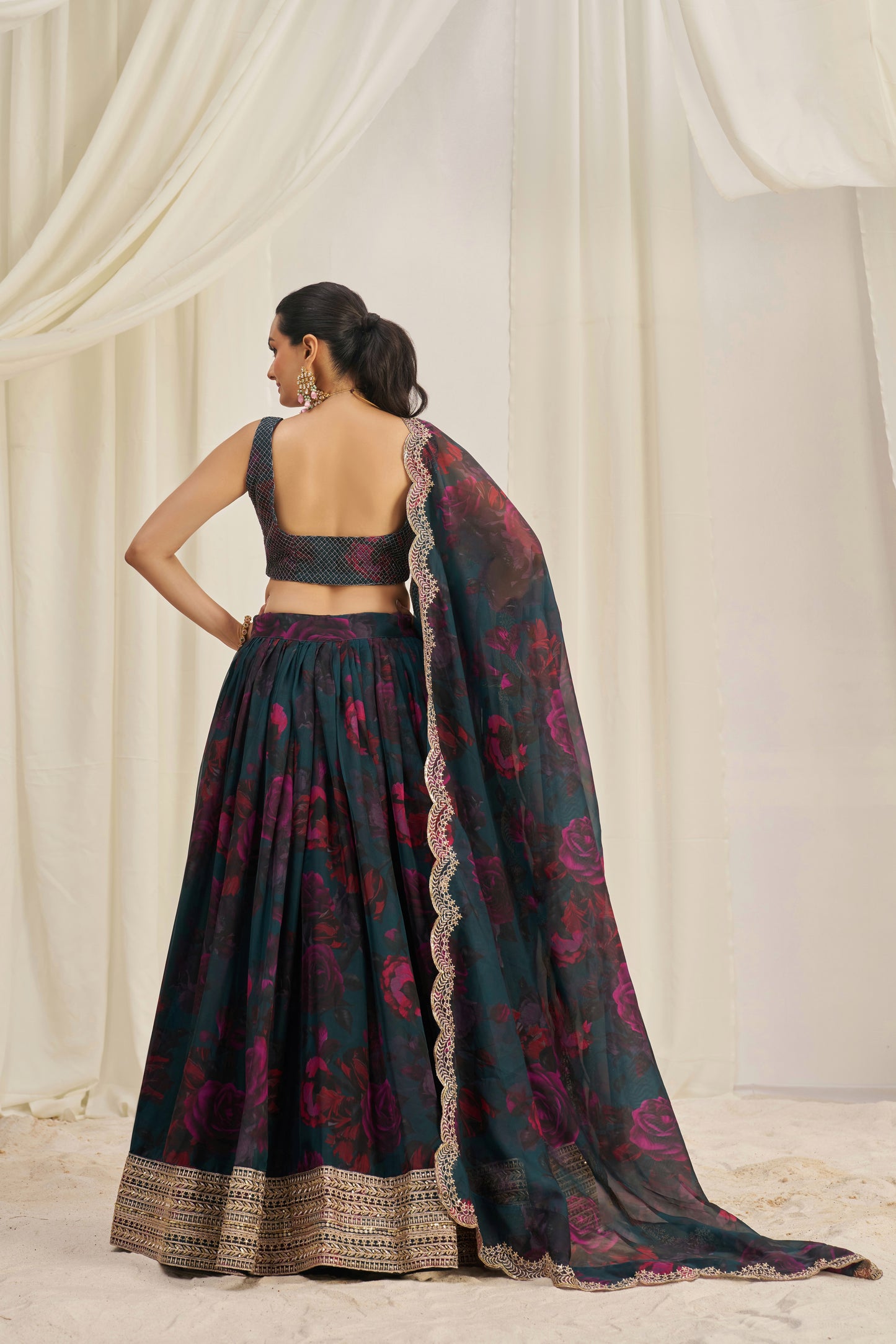 Stunning Floral Printed Sequins Embroidered Organza Lehenga Set