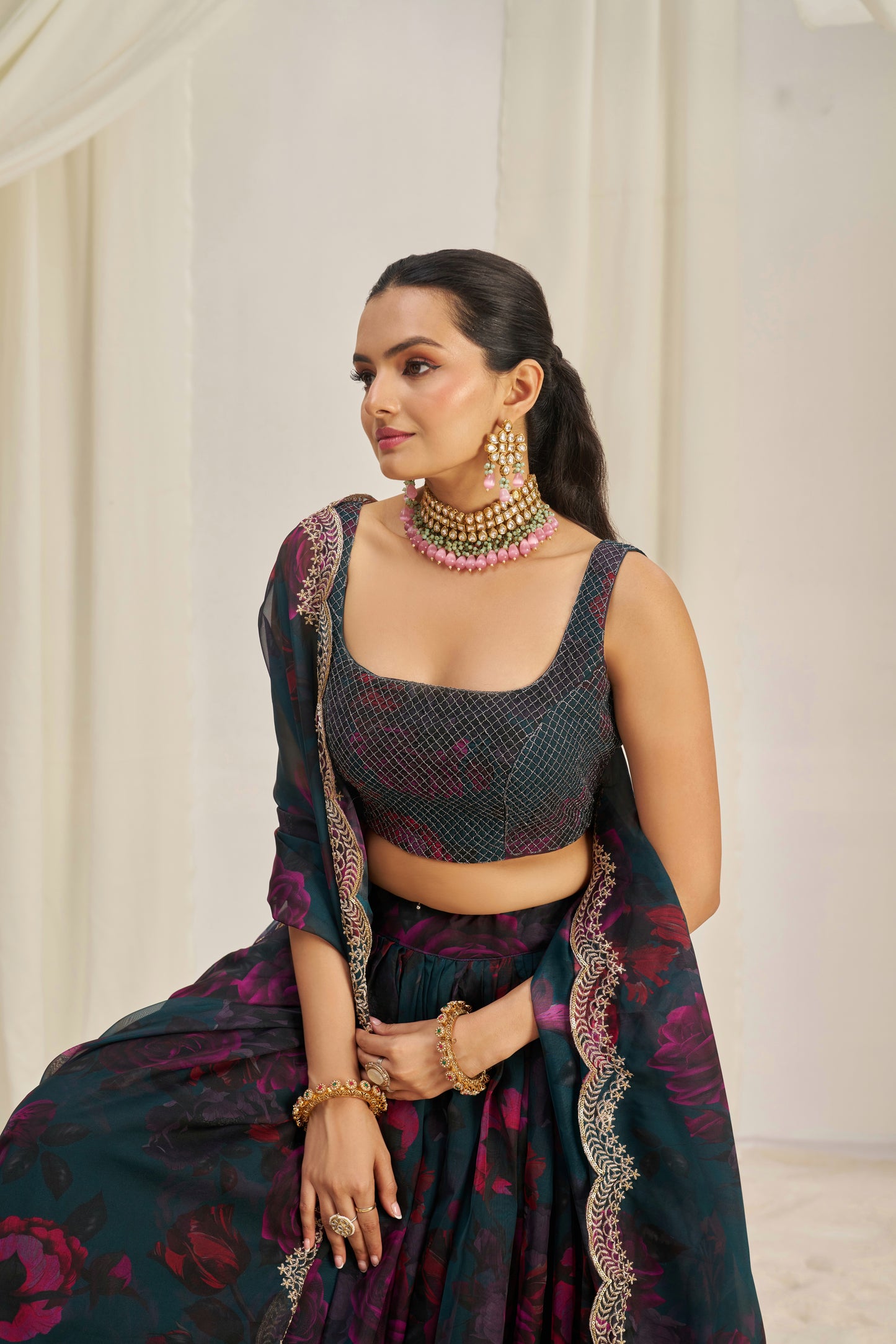 Stunning Floral Printed Sequins Embroidered Organza Lehenga Set
