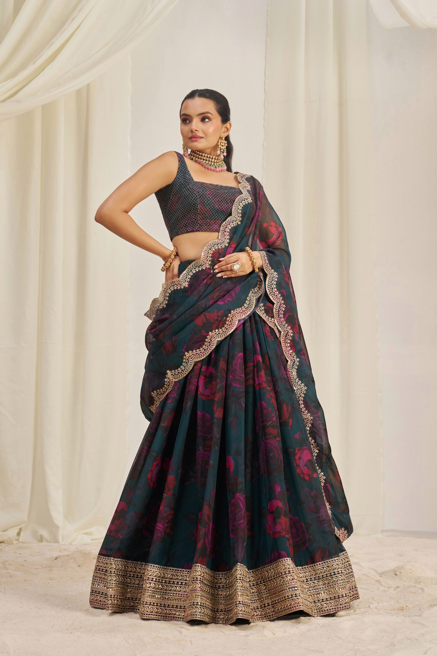 Stunning Floral Printed Sequins Embroidered Organza Lehenga Set