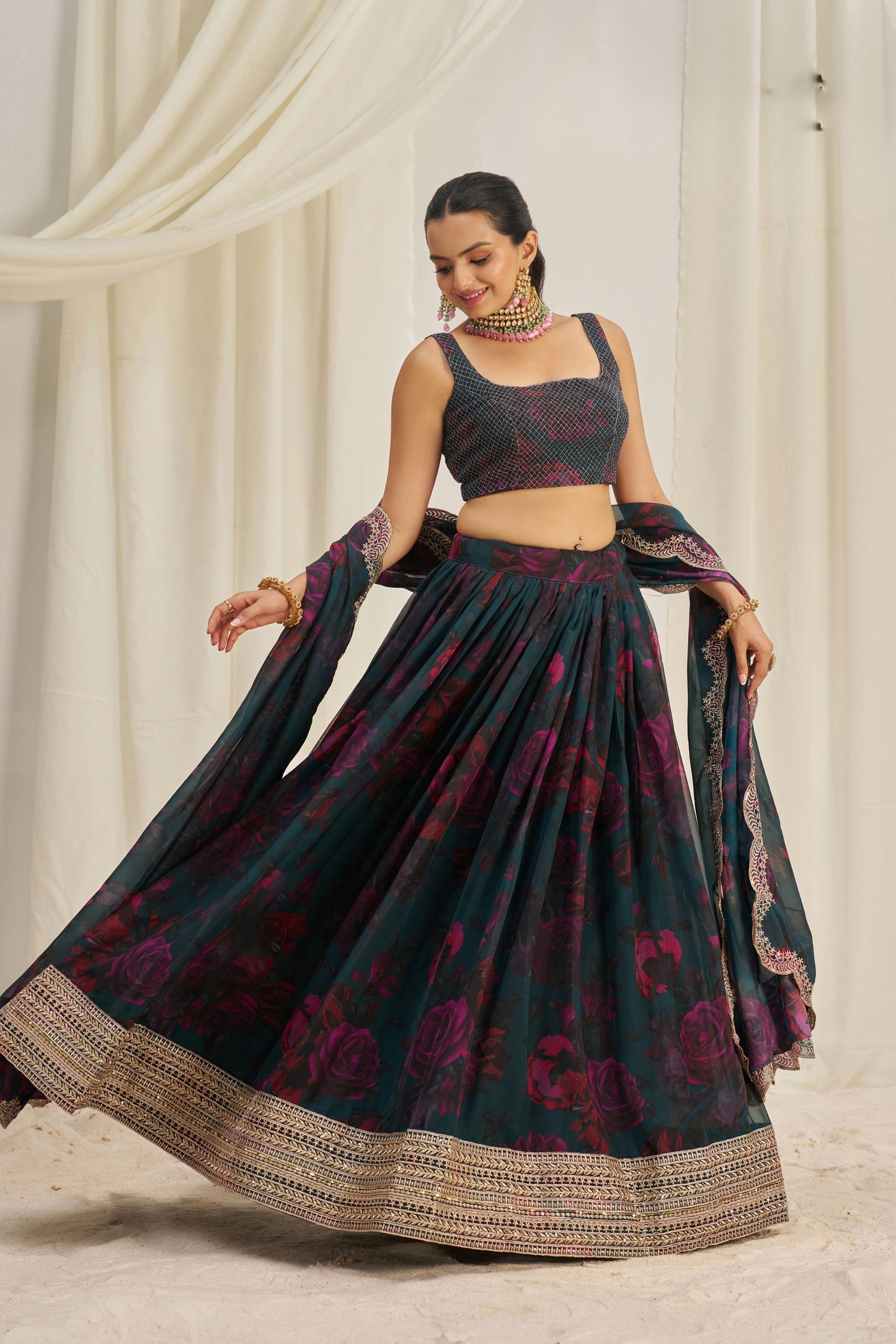 Stunning Floral Printed Sequins Embroidered Organza Lehenga Set