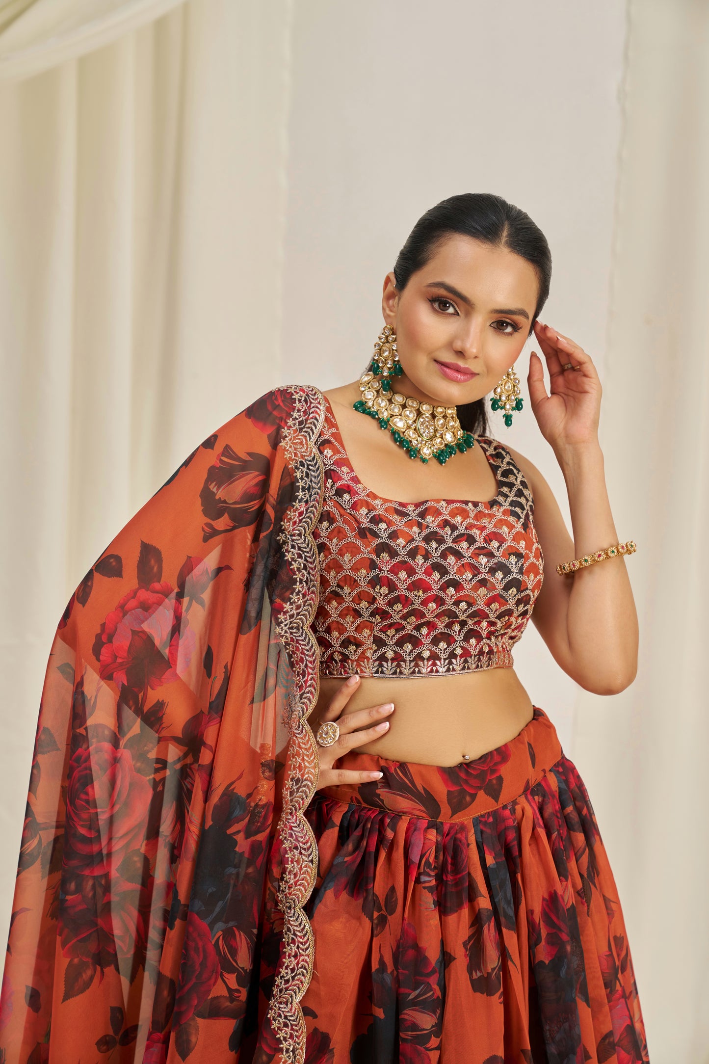 Stunning Floral Printed Sequins Embroidered Organza Lehenga Set
