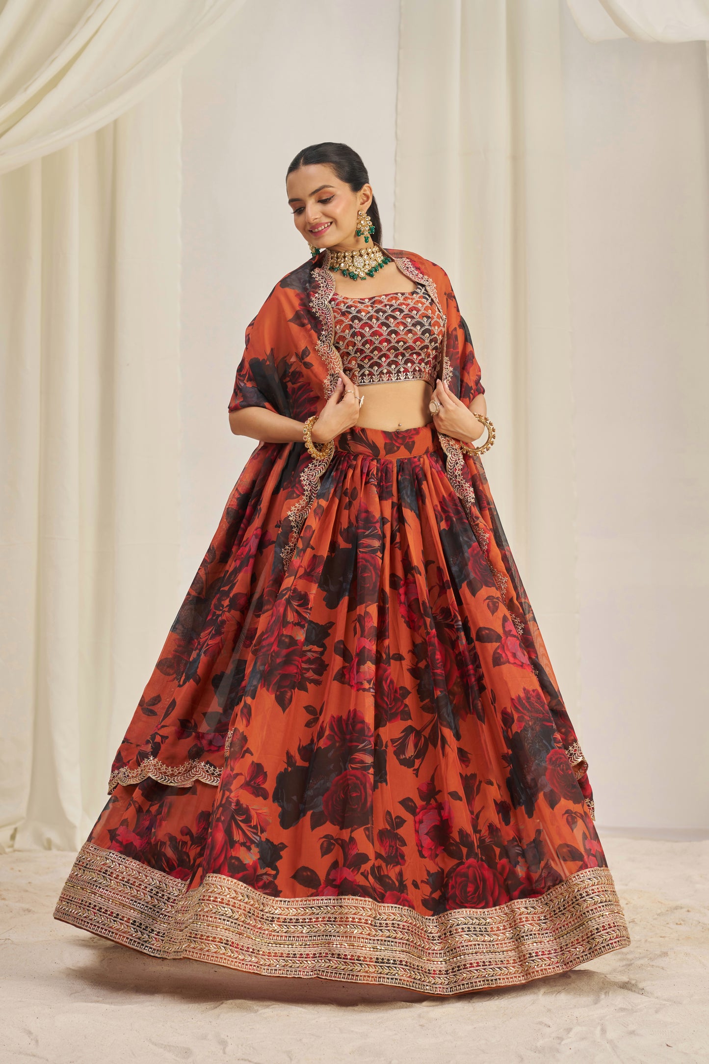 Stunning Floral Printed Sequins Embroidered Organza Lehenga Set