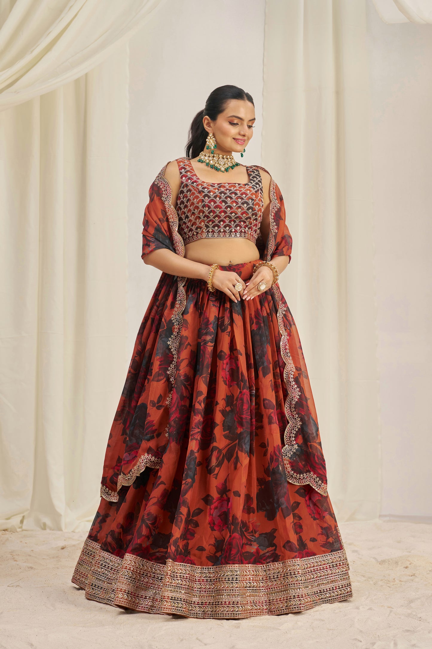 Stunning Floral Printed Sequins Embroidered Organza Lehenga Set