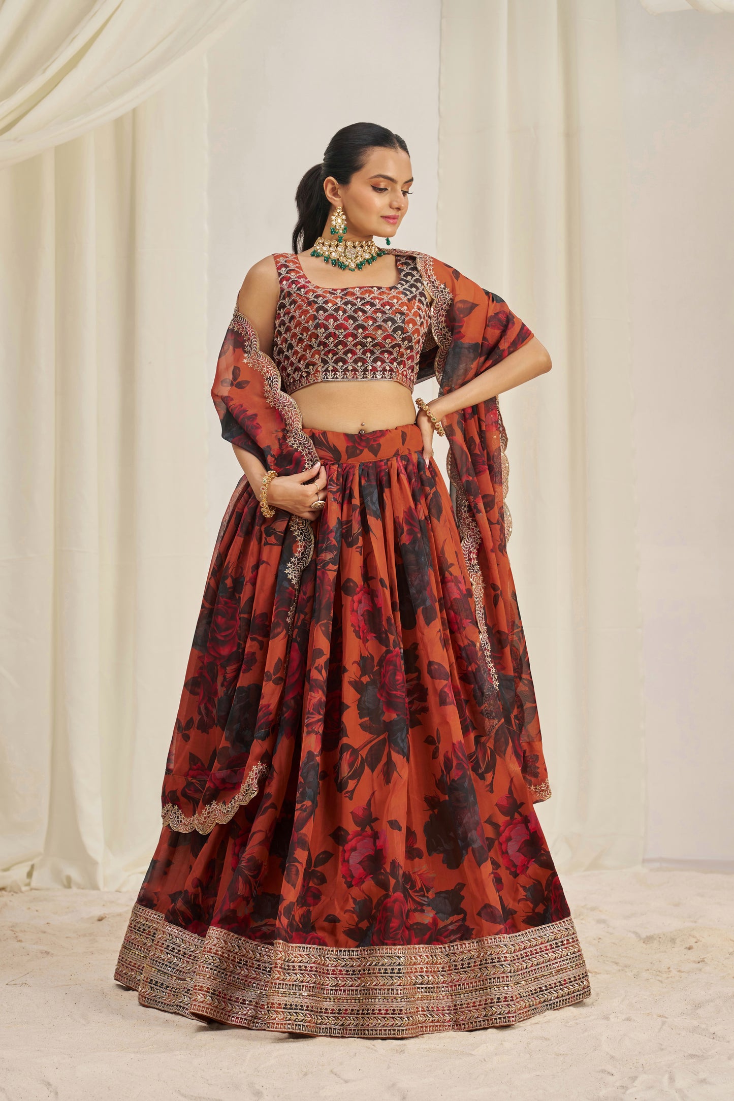 Stunning Floral Printed Sequins Embroidered Organza Lehenga Set